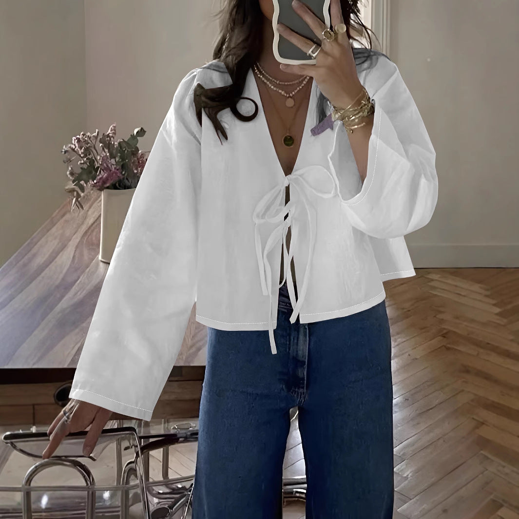 V-neck tie solid color stylish commuter shirt for women