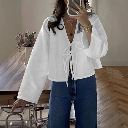 V-neck tie solid color stylish commuter shirt for women