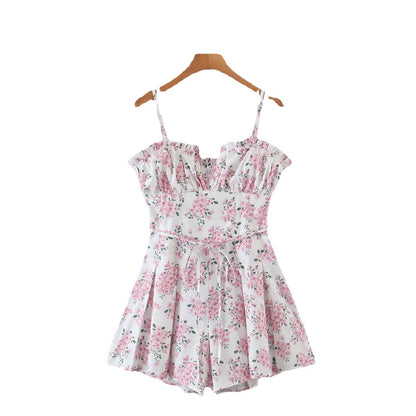 Slim-fit Pink Flower Suspender Jumpsuit Women