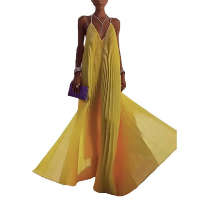 Womens Strapless Backless Pleated Maxi V-Neck Dress