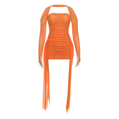 Women's Halter Neck Ruffle Dress with Scarf