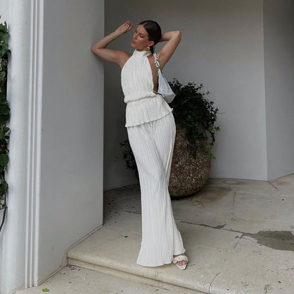 Pleated High Waist Wide Leg Pants Suit Women